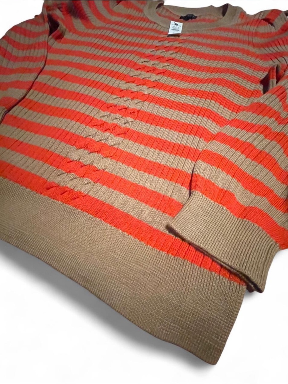 NWT Talbots Cable Knit Striped Sweater Bright Orange & Beige Size: M Petite - Picture 3 of 7